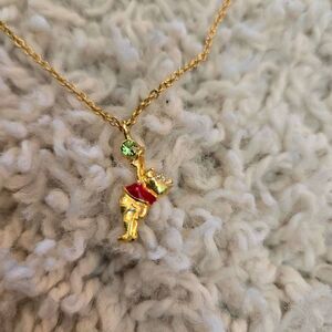 Disney Winnie the Pooh Green Rhinestone Necklace Gold Tone Chain